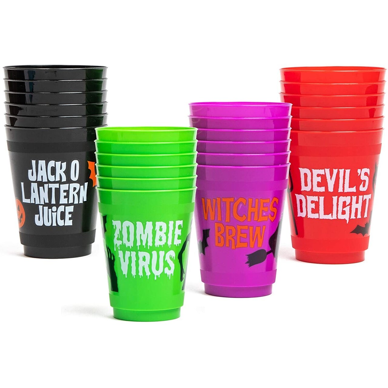 Halloween Plastic Party Cups, Witches Brew, Zombie Juice, Devil's Delight, Jack O Lantern Juice (16 oz, 24 Pack)
